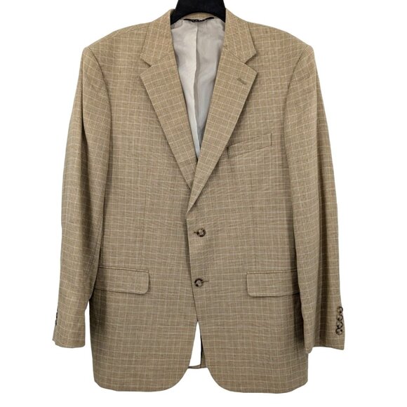 Jos A Bank Blazer Sport Coat Men Size 43 L Linen Blend Check Plaid Career Preppy - Picture 1 of 11